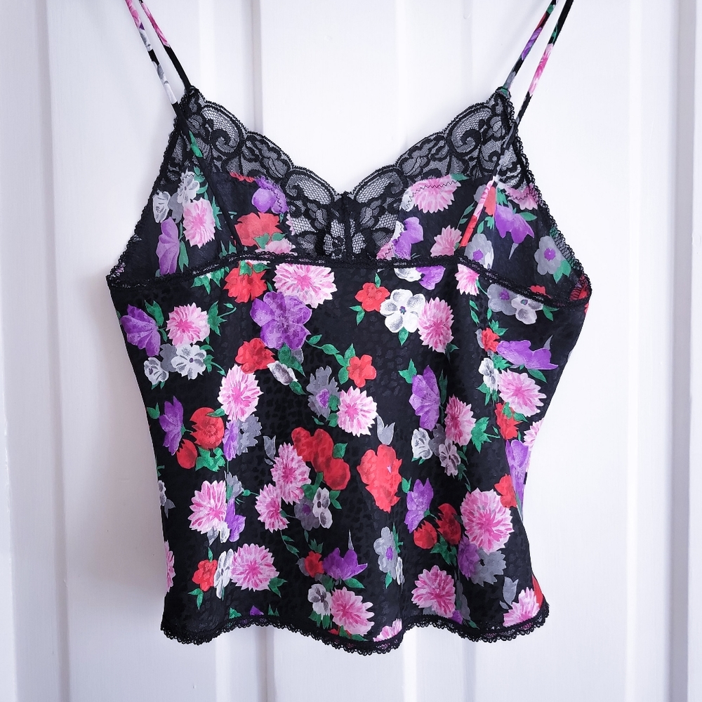 Lucie Ann Cami Top • Vintage Floral Camisole • Satin Black Lace • M 36 - Picture 2 of 3